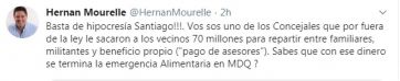 Desde Twitter, Mourelle volvió a apuntar contra los concejales por los fondos para los sueldos de los asesores