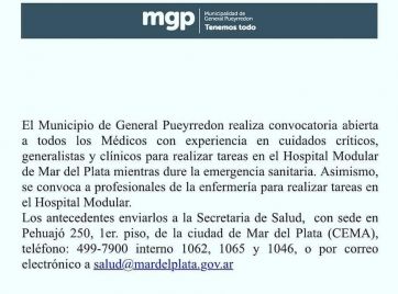 El gobierno oficializó convocatoria a médicos para realizar tareas en el Hospital Modular