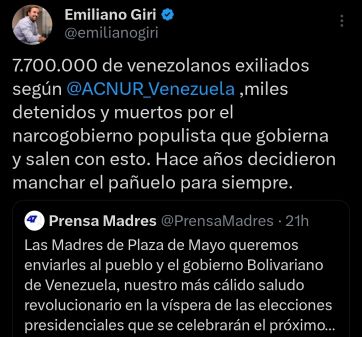 Giri salió a criticar a las Madres de Plaza de Mayo por su apoyo a Maduro