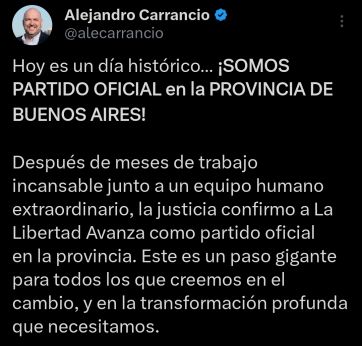 Carrancio celebró la oficialización de LLA como partido en la Provincia: “Hoy es un día histórico”