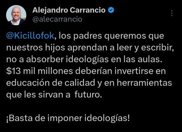 Carrancio arremetió contra Kicillof por los libros que se usan para enseñar ESI: “¡Basta de imponer ideologías!”